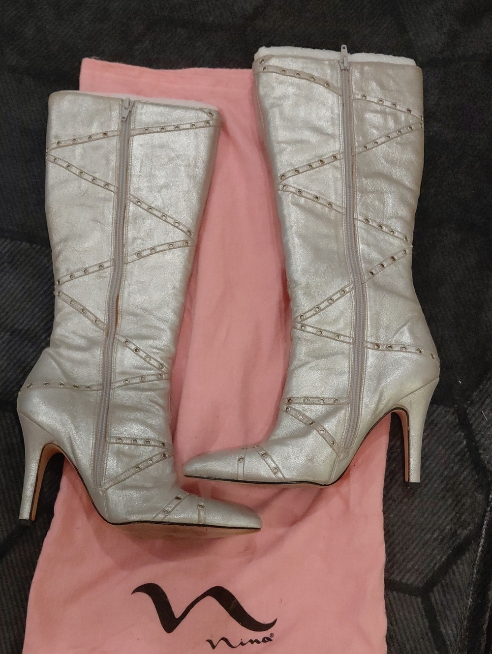 Nina Metallic Silver Pointed-Toe Mid-Calf Heeled Boots 8.5